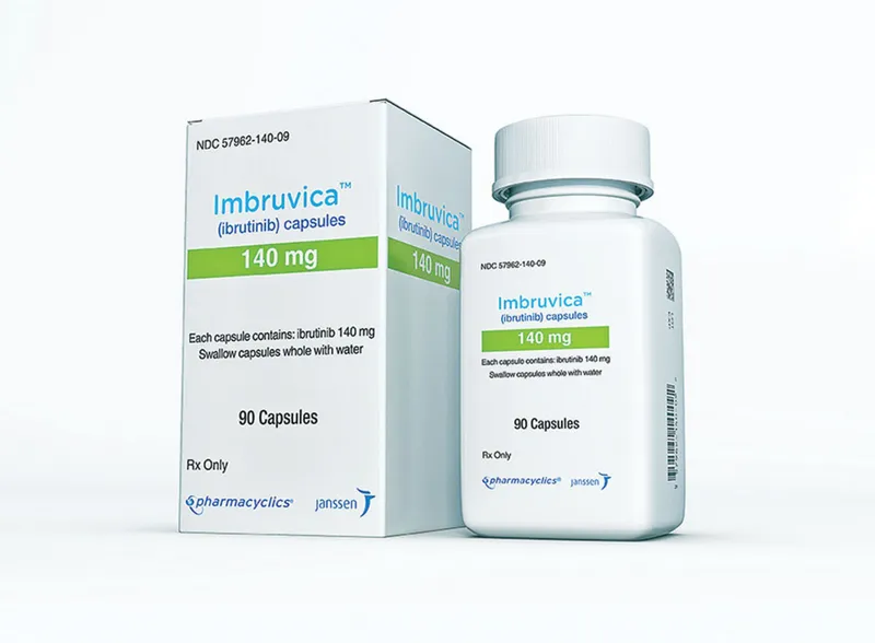A bottle and a box of Imbruvica (ibrutinib) 140 mg capsules from Pharmacyclics and Janssen.