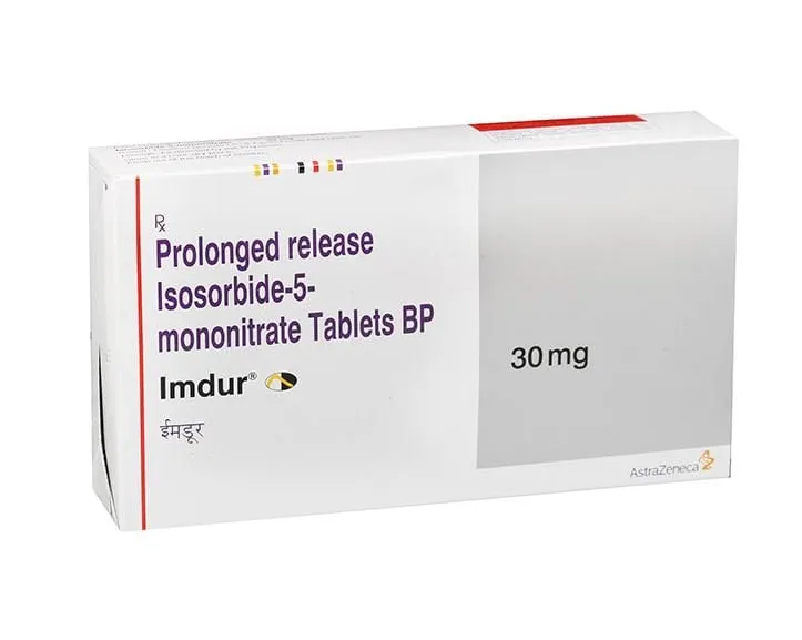 A box of AstraZeneca Imdur prolonged release isosorbide-5-mononitrate tablets BP 30 mg.