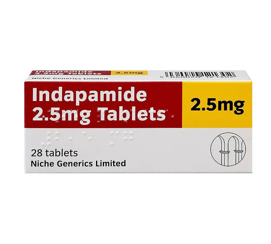 A box of Indapamide 2.5mg tablets, containing 28 tablets, from Niche Generics Limited.