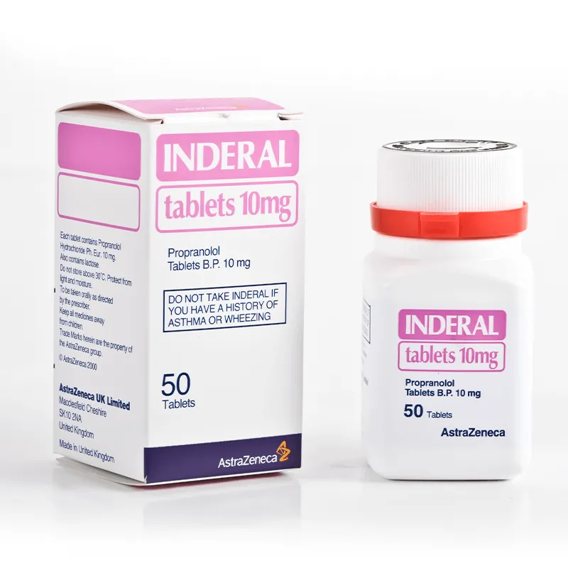 Propranolol A box and a bottle of AstraZeneca Inderal 10 mg tablets (Propranolol Tablets B.P. 10 mg), containing 50 tablets.
