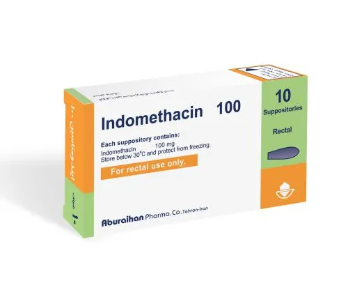 A box of Indomethacin 100 mg suppositories from Aburaihan Pharma, for rectal use only.