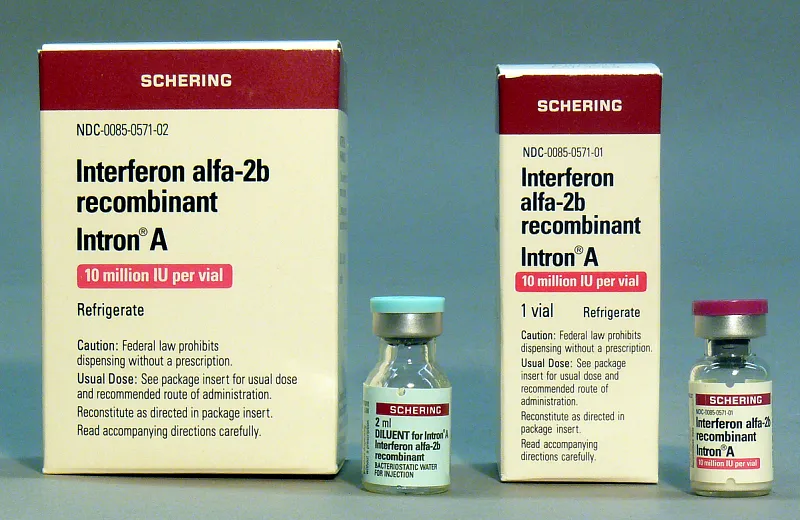 A box and vial of Schering's Intron A (interferon alfa-2b recombinant) injection, 10 million IU per vial.