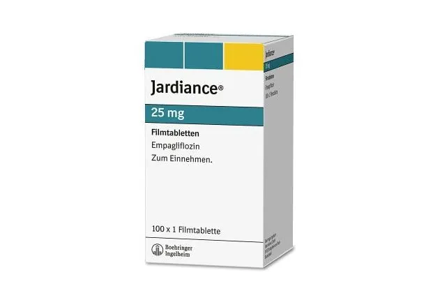 Empagliflozin A box of Boehringer Ingelheim Jardiance (Empagliflozin) 25 mg film-coated tablets for oral use, containing 100 tablets.