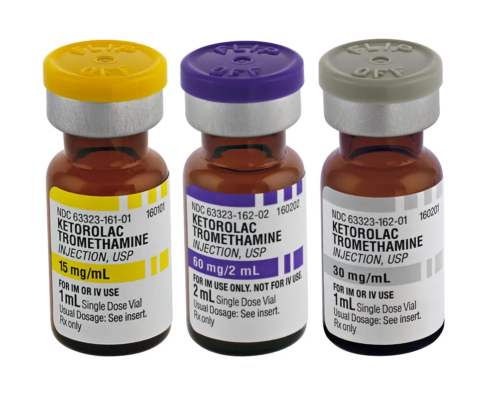 Ketorolac Three vials of Ketorolac Tromethamine Injection, USP, in 15mg/mL, 60mg/2mL, and 30mg/mL dosages, for IM or IV use.