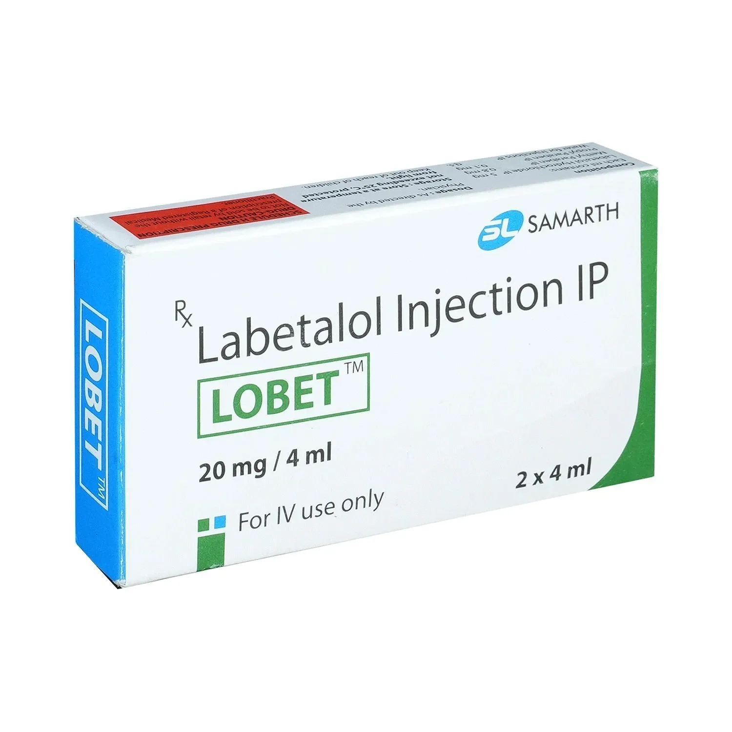 A box of Samarth Labetalol Injection IP, branded as LOBET, with a dosage of 20 mg/4 ml.
