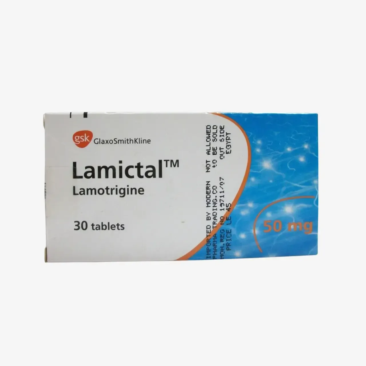 A box of GSK Lamictal (Lamotrigine) 50 mg tablets, containing 30 tablets.