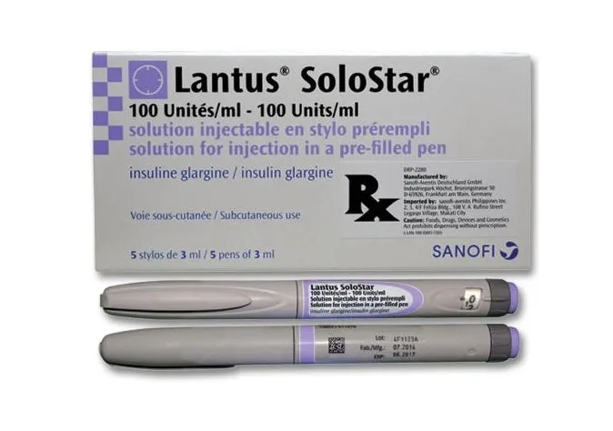 Insulin Glargine A box and two pre-filled pens of Lantus SoloStar (insulin glargine) 100 units/ml, a long-acting insulin from Sanofi.