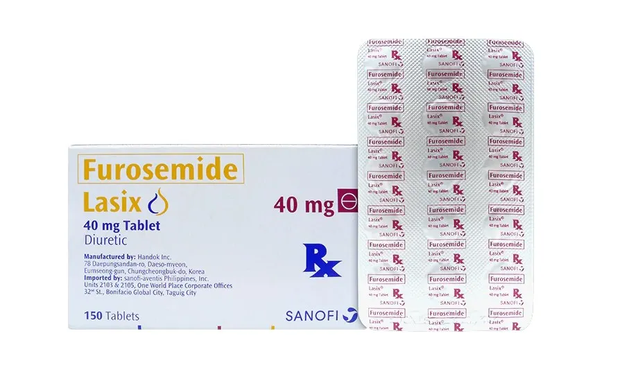 Furosemide A box and blister packs of Sanofi's Lasix (Furosemide) 40 mg diuretic tablets, with a total of 150 tablets.