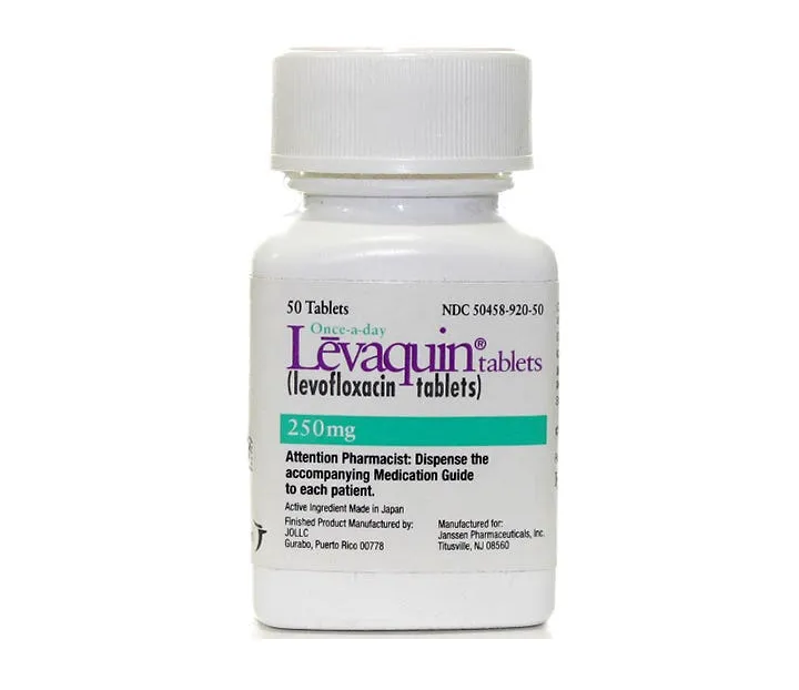 Levofloxacin A bottle of Levaquin (levofloxacin tablets) 250 mg, containing 50 tablets for once-a-day use.