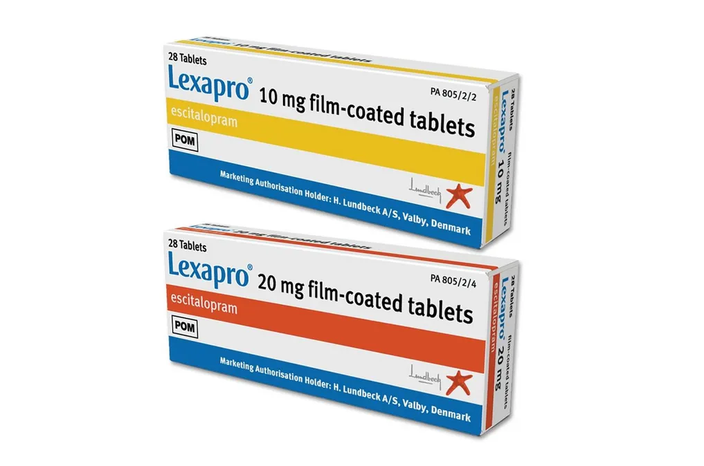 Escitalopram Two boxes of Lundbeck's Lexapro (escitalopram) film-coated tablets, one in a yellow box for 10 mg and another in an orange box for 20 mg.