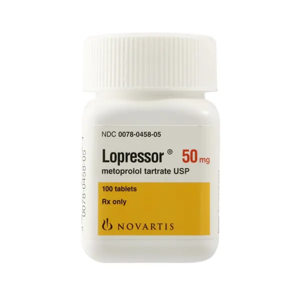 A bottle of Novartis Lopressor (metoprolol tartrate USP) 50 mg, containing 100 tablets.