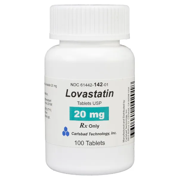 A bottle of Lovastatin Tablets USP 20 mg by Carlsbad Technology, Inc., containing 100 tablets.