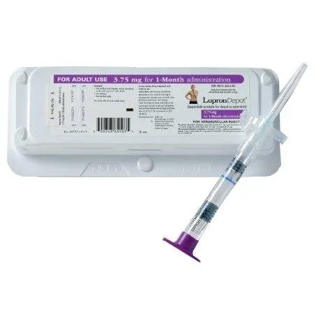 A box and pre-filled syringe of Lupron Depot (leuprolide acetate) 3.75 mg, for 1-month administration.
