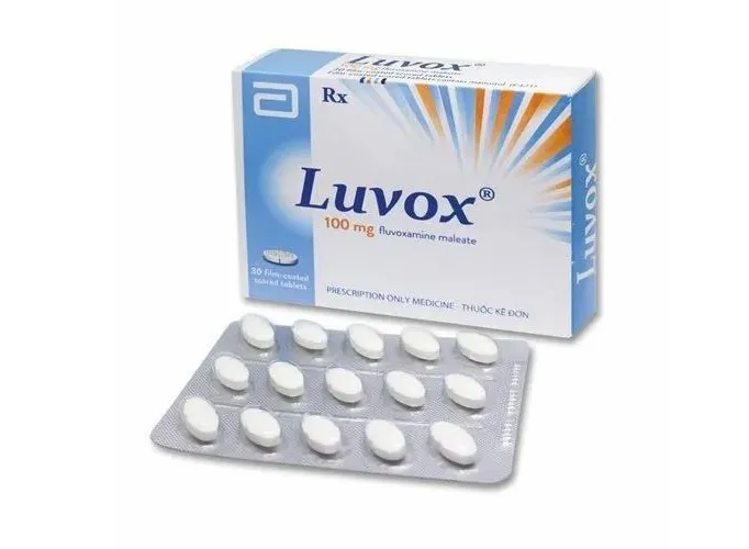 Fluvoxamine A box and a blister pack of Abbott's Luvox (fluvoxamine maleate) 100 mg film-coated tablets.