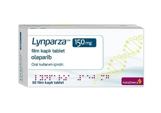 Olaparib A box of AstraZeneca Lynparza 150 mg film-coated tablets (olaparib), containing 56 tablets.