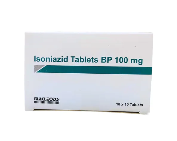 A box of Macleods Isoniazid Tablets BP 100 mg, containing 10x10 tablets.