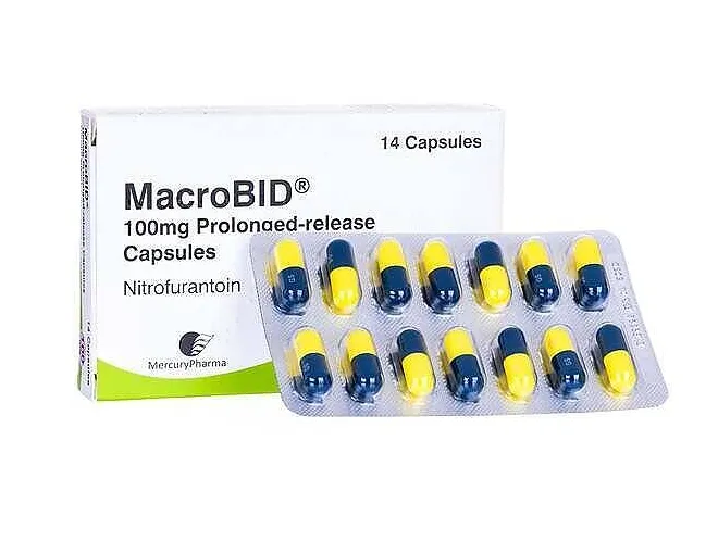 Nitrofurantoin A box and a blister pack of MacroBID (Nitrofurantoin) 100mg prolonged-release capsules by Mercury Pharma.