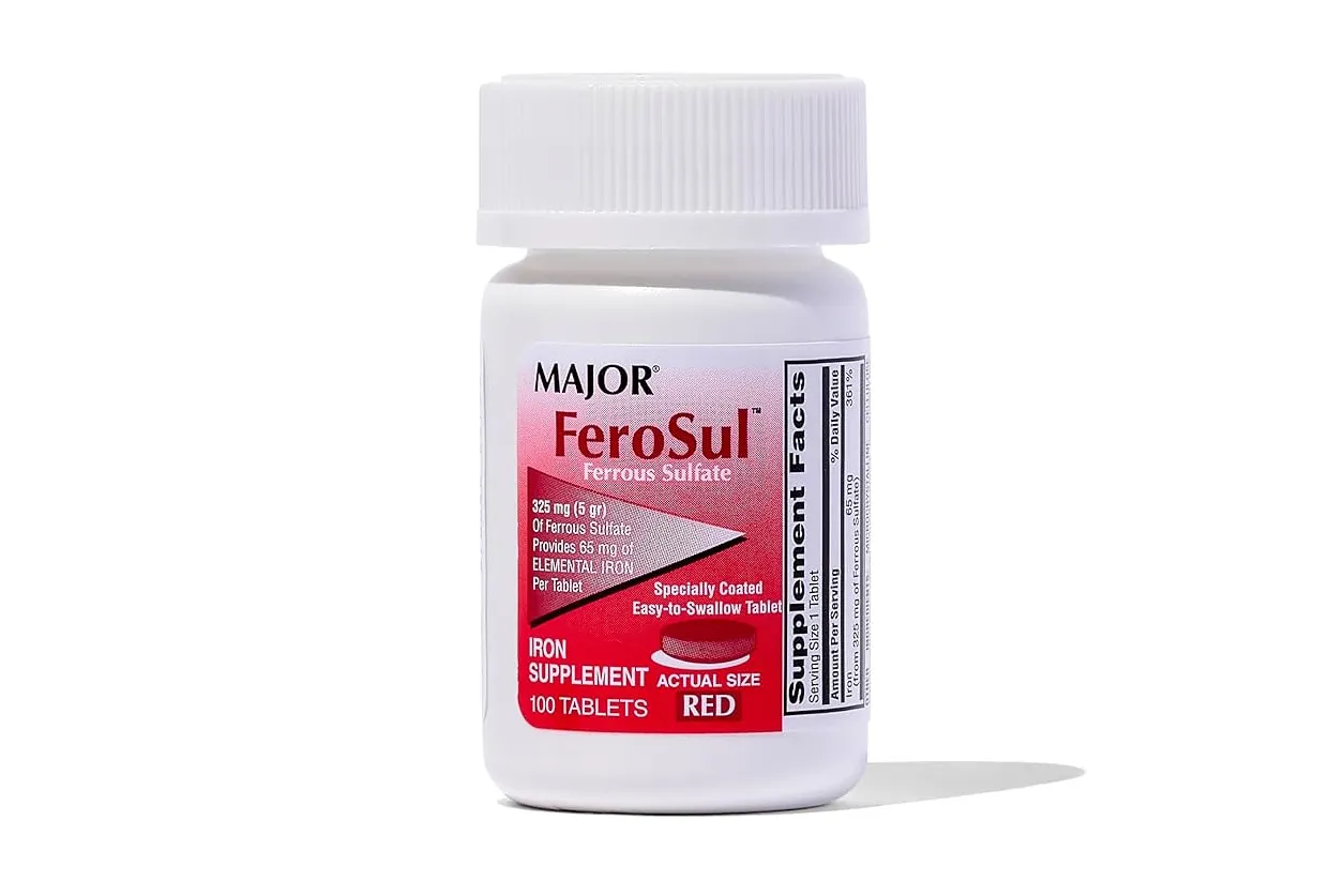 Ferrous sulfate A bottle of MAJOR brand FerroSul (Ferrous Sulfate) 325 mg (65 mg elemental iron) iron supplement tablets.