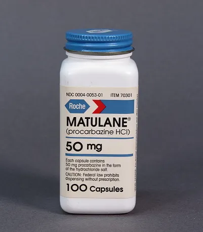 Procarbazine A bottle of Roche Matulane (procarbazine HCl) 50 mg capsules, containing 100 capsules.