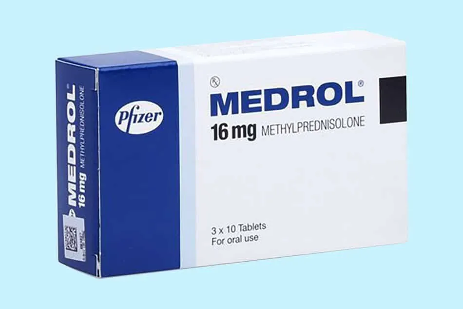 Methylprednisolone A box of Pfizer Medrol (Methylprednisolone) 16 mg tablets, containing 3 x 10 tablets for oral use.