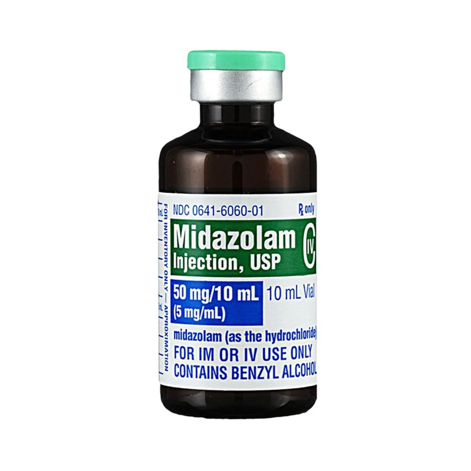 Midazolam A vial of Midazolam Injection, USP, 50 mg/10 mL (5mg/mL), for intramuscular or intravenous use.