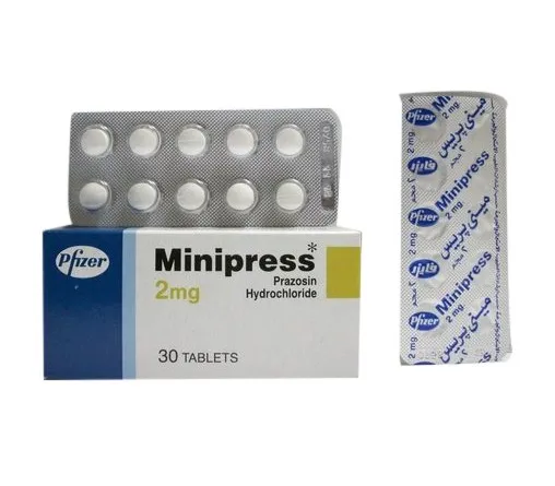 A box and two blister packs of Pfizer Minipress (prazosin hydrochloride) 2 mg tablets, containing 30 tablets.