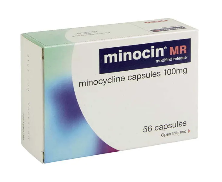 Minocycline A box of Minocin MR modified release minocycline capsules 100mg, containing 56 capsules.