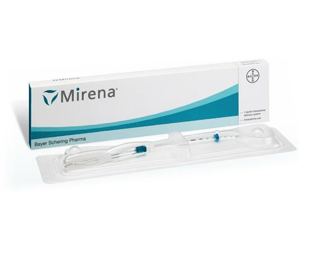 Levonorgestrel A box and an intrauterine delivery system of Mirena, which contains levonorgestrel for long-term birth control.