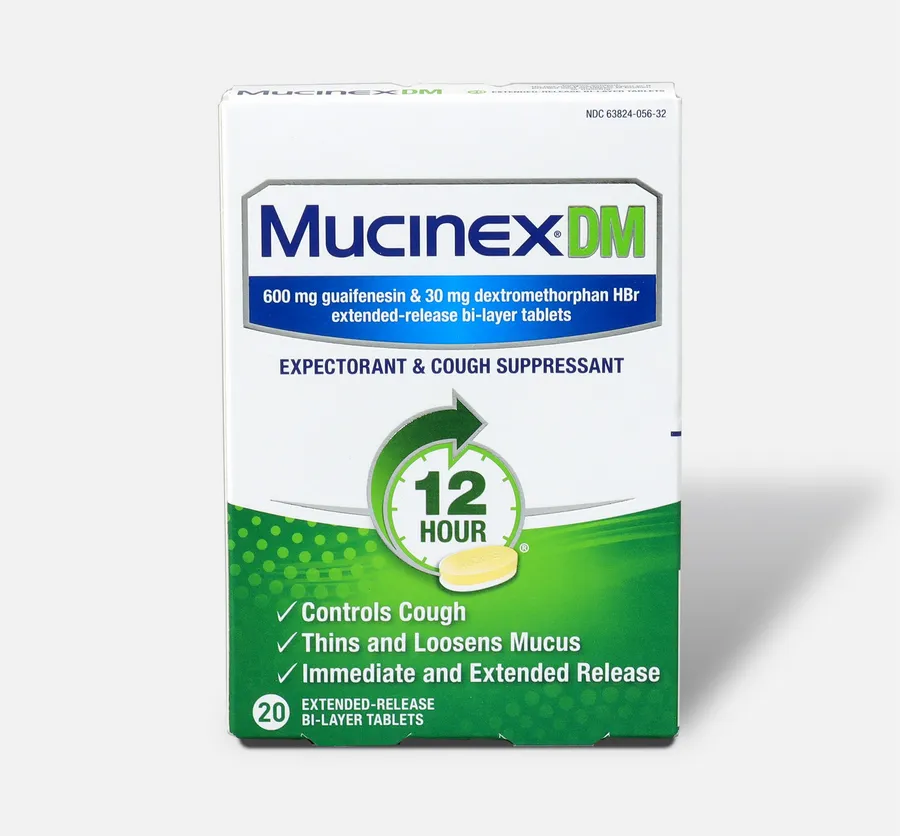 A box of Mucinex DM extended-release bi-layer tablets, containing 600 mg guaifenesin and 30 mg dextromethorphan HBr.