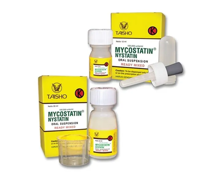 Nystatin Two bottles of Taisho Mycostatin (nystatin) oral suspension, one 12 mL and one 30 mL, with a dropper and measuring cup.