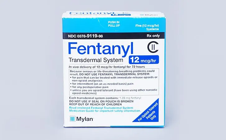 Fentanyl A box of Mylan Fentanyl Transdermal System 12 mcg/hr, a prescription-only system for pain that can be treated with opioid analgesics.