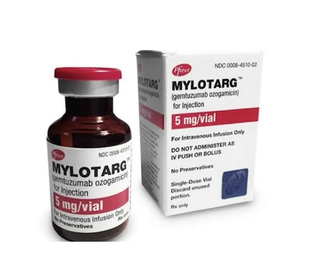 A box and vial of Pfizer Mylotarg (gemtuzumab ozogamicin) for injection, 5 mg/vial, for intravenous infusion only.