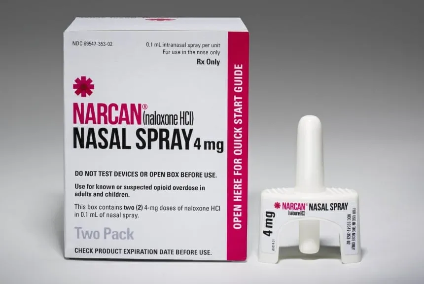Naloxone A box and single-use device of NARCAN (naloxone HCl) Nasal Spray 4mg, used for opioid overdose.