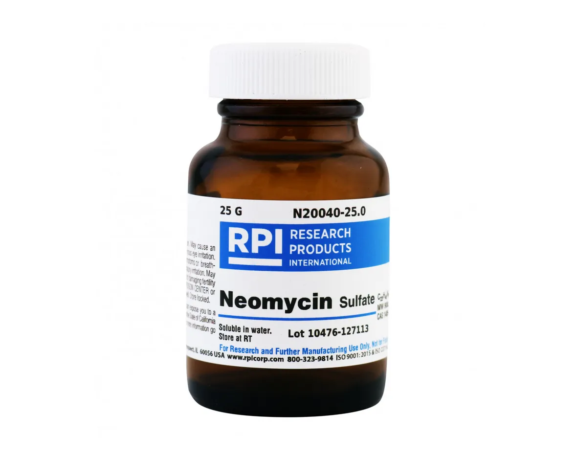 Neomycin A brown bottle of Research Products International Neomycin Sulfate, containing 25 g.