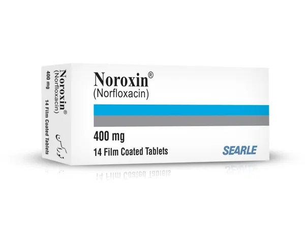 Norfloxacin A box of Noroxin (Norfloxacin) 400 mg film-coated tablets from Searle, containing 14 tablets.
