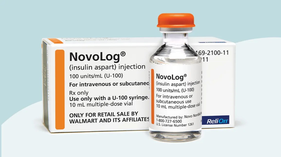 A vial of NovoLog (insulin aspart) injection, a fast-acting insulin used to improve blood sugar control.