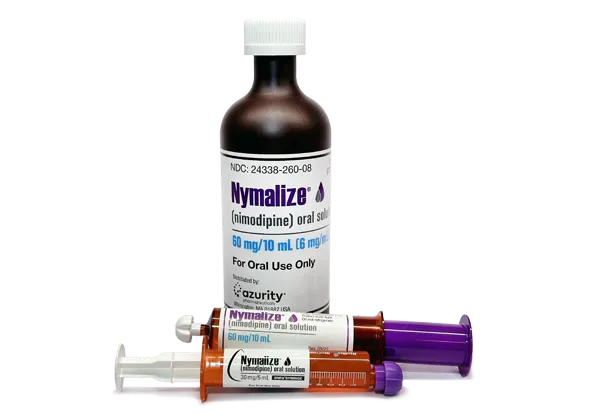 Nimodipine A bottle and two syringes of Nymalize (nimodipine) oral solution, with dosages of 60 mg/10 mL and 30 mg/5 mL.
