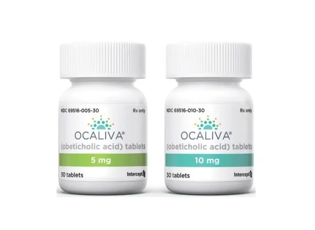 Obeticholic acid Two bottles of OCALIVA (obeticholic acid) tablets, one 5 mg and one 10 mg, each containing 30 tablets.