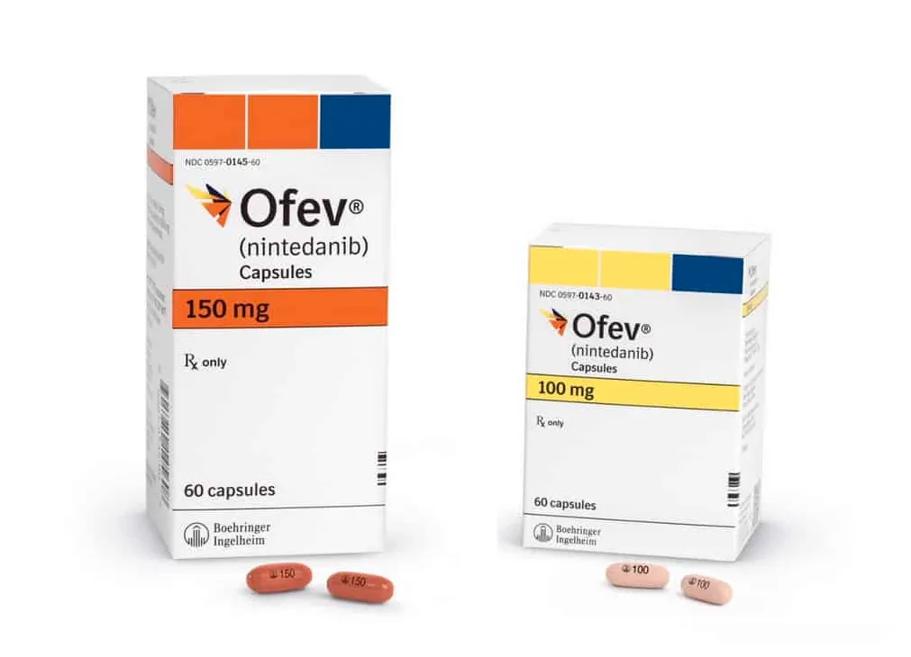 Nintedanib Two boxes of Boehringer Ingelheim Ofev (nintedanib) capsules, one for 150 mg and one for 100 mg, each containing 60 capsules.