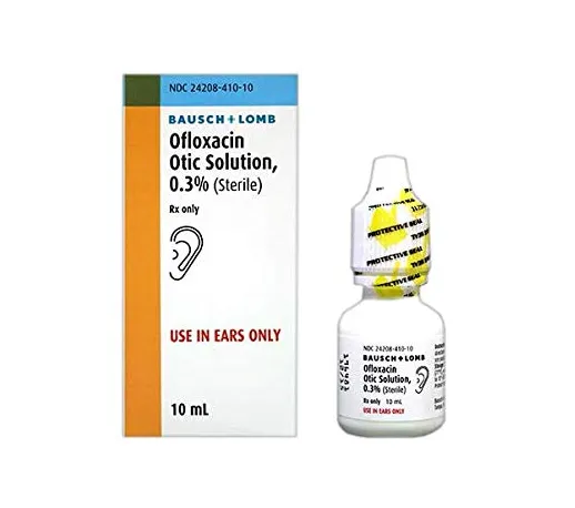 Ofloxacin A box and a bottle of Bausch + Lomb Ofloxacin Otic Solution, 0.3% (Sterile), for use in ears only.