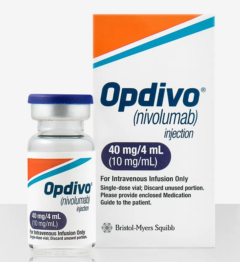 Nivolumab A box and vial of Bristol-Myers Squibb Opdivo (nivolumab) injection 40 mg/4 mL, for intravenous infusion.