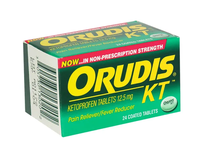 A box of Oruis KT (Ketoprofen Tablets 12.5mg) pain reliever and fever reducer from a non-prescription strength line, containing 24 coated tablets.
