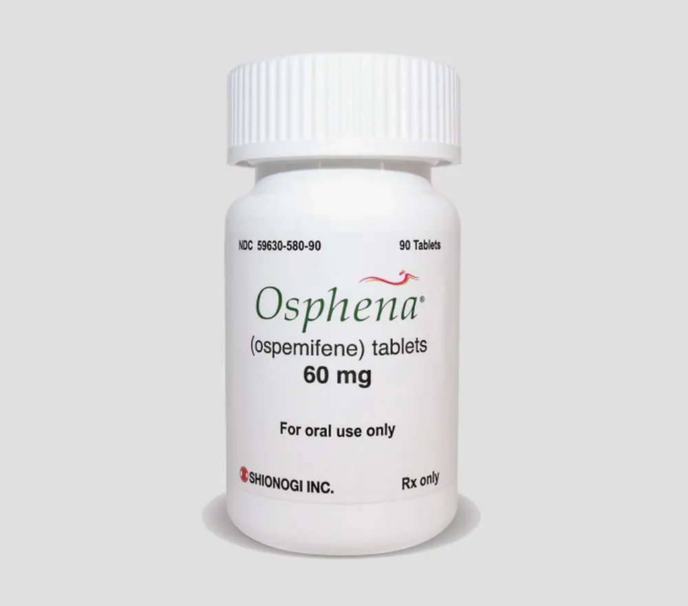 Ospemifene A bottle of Shionogi Osphena (ospemifene) tablets 60 mg, for oral use only, containing 90 tablets.