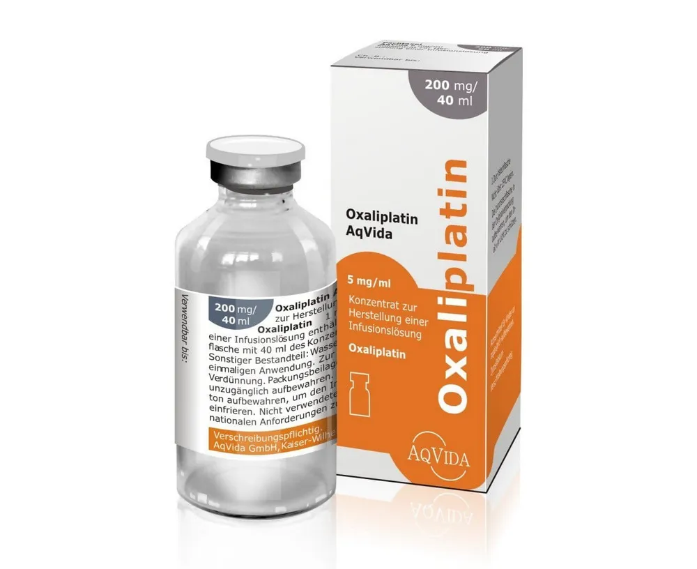 Oxaliplatin A box and a vial of Oxaliplatin AqVida 200 mg/40 mL, a concentrate for a solution for infusion.