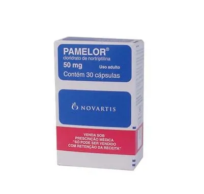 Nortriptyline A box of Novartis Pamelor (nortriptyline hydrochloride) 50 mg capsules, containing 30 capsules.