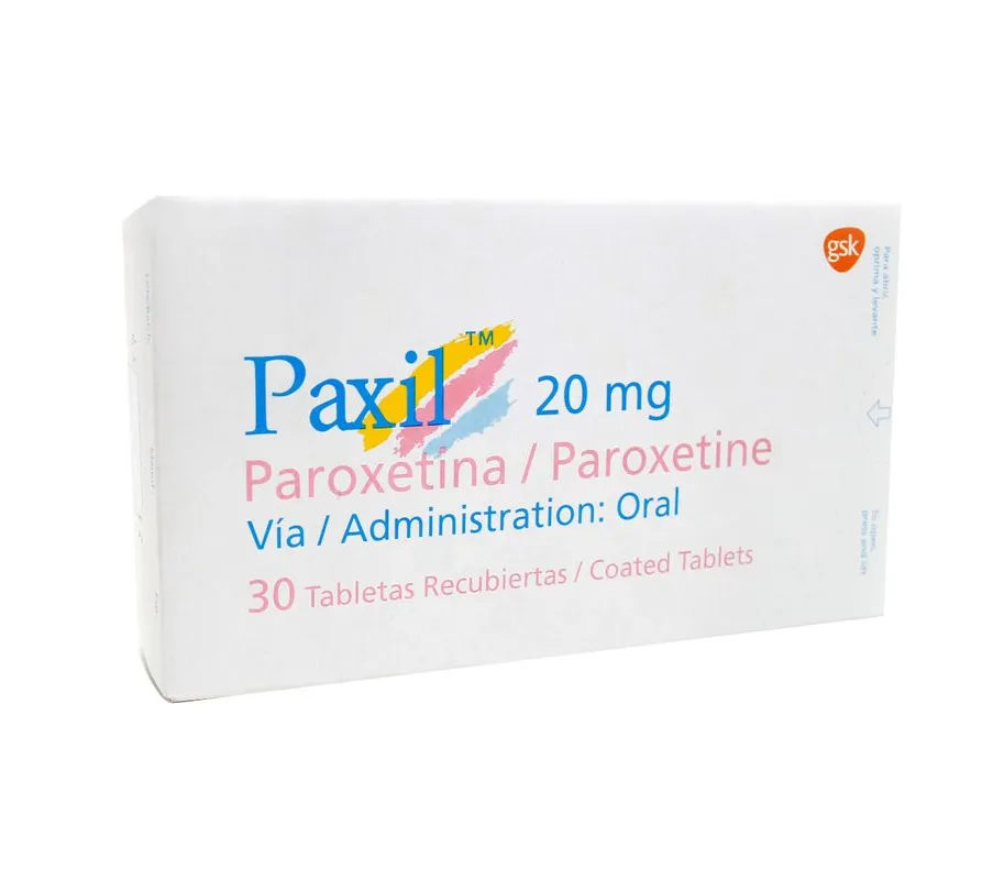 Paroxetine A box of GSK Paxil (Paroxetine) 20 mg coated tablets, containing 30 tablets.