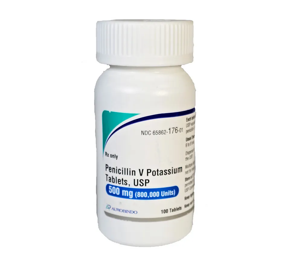 A bottle of Aurobindo Penicillin V Potassium Tablets, USP, 500 mg (800,000 Units), containing 100 tablets.