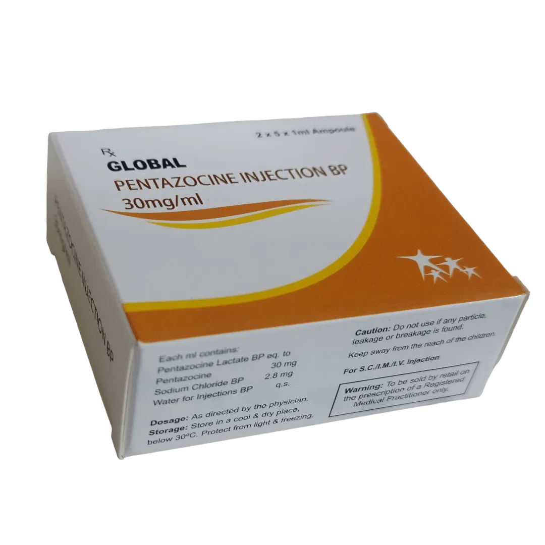 A box of Global Pentazocine Injection BP 30mg/ml, containing 2 x 5 x 1 ml ampoules.