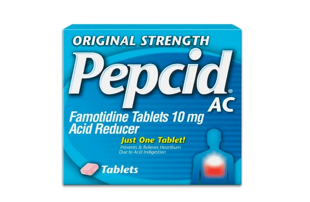 A box of Pepcid AC Original Strength Famotidine Tablets 10 mg, an acid reducer that prevents and relieves heartburn.