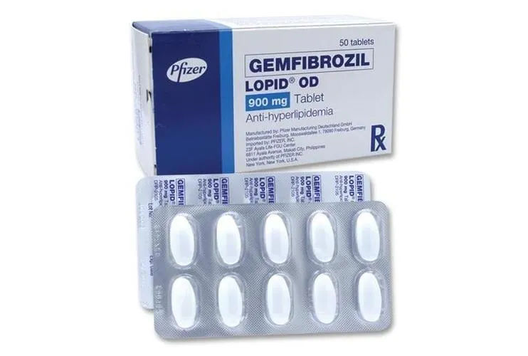 Gemfibrozil A box and a blister pack of Pfizer Lopid OD (Gemfibrozil) 900 mg tablets, an anti-hyperlipidemia medication.